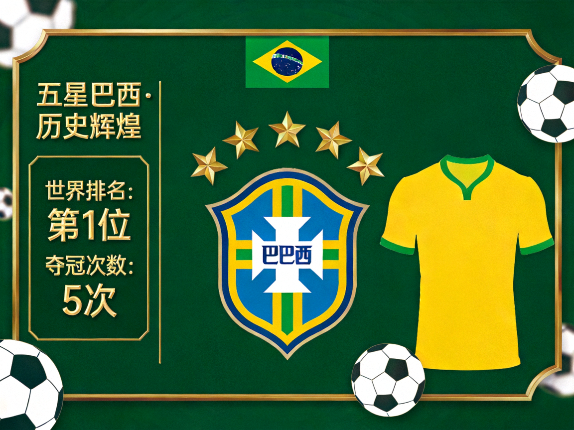 巴西国家队热门专题卡片，五星巴西历史辉煌，世界排名第一，夺冠次数最多