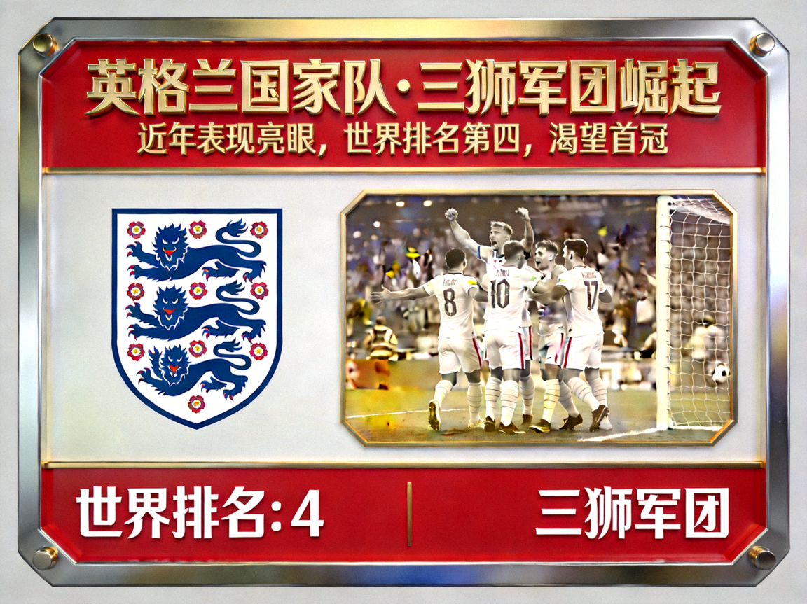英格兰国家队热门专题卡片，三狮军团近年崛起，世界排名第四，渴望首冠